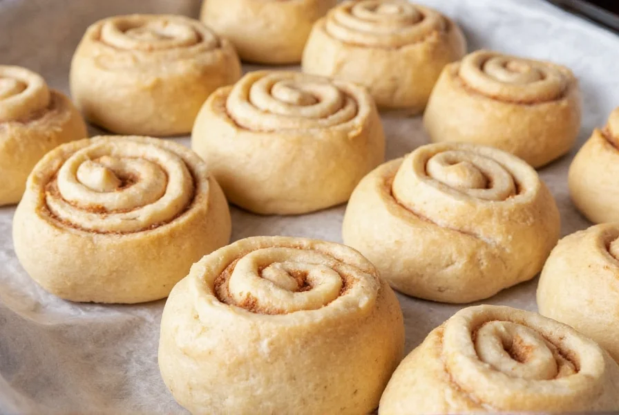 Homemade cinnamon toast crunch rolls arranged on baking sheet before rising, showing dough rolled with cinnamon sugar filling
