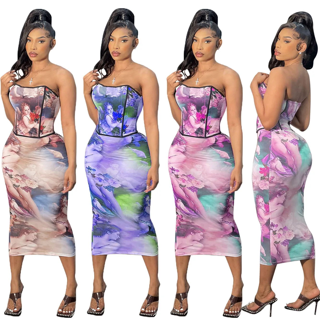 

10505-MX5 2021 pretty floral printed tube slim casual dresses women sehe fashion