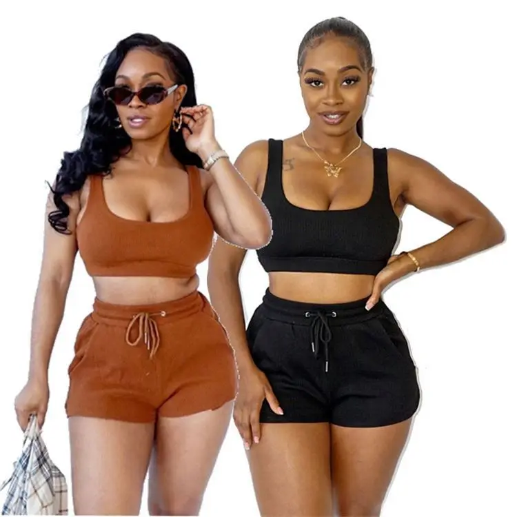 

MISS High Quality Solid Color Crop Top Two Piece Set Tracksuit Women Casual Custom 2 Piece Shorts Set