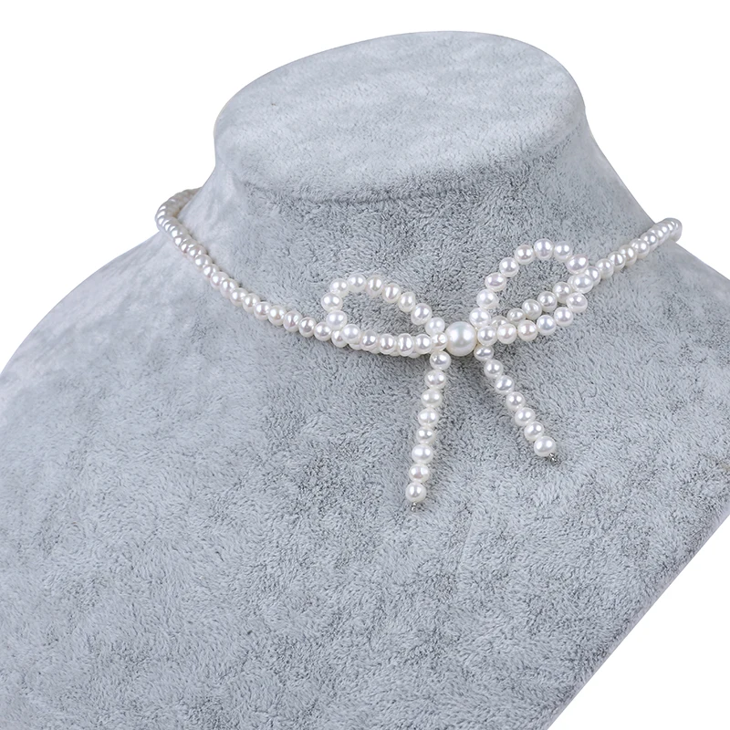 

Hot new popular women jewelry bowknot freshwater pearl choker pendant necklace, White