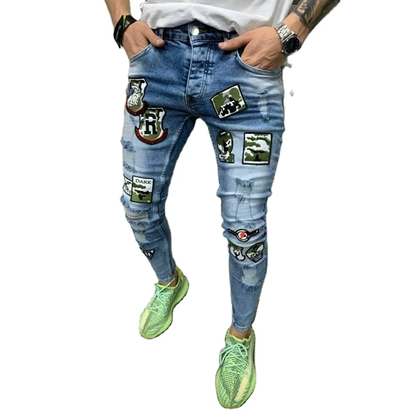 

Hot selling style mens custom hip hop skinny slim fit distressed jeans pants