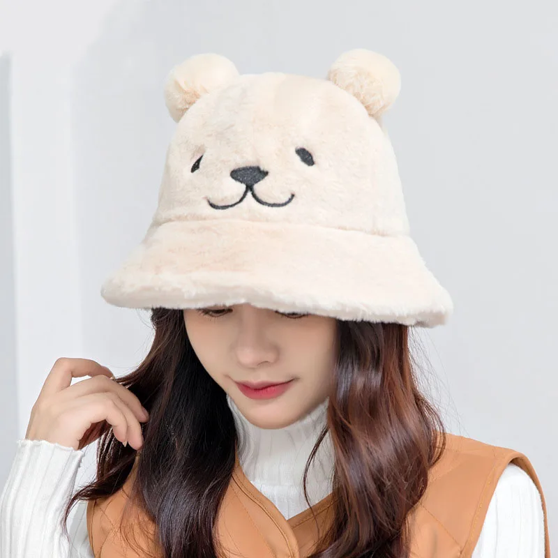 

Winter Hat for Women Plush Bear Ear Bucket Hat Cute Basin Caps for Girls Warm Fisherman Cap Outdoor