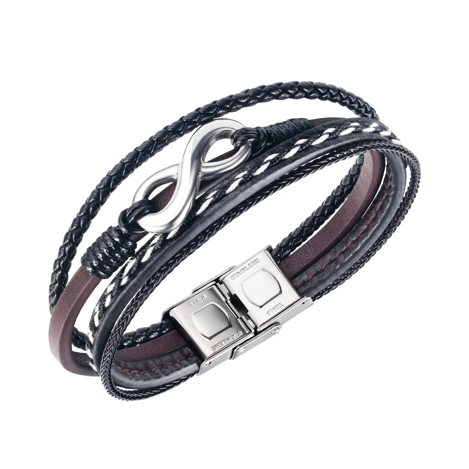 

Black & Brown Color 100% Leather Men 316L Stainless Steel Infinitely Bracelet, White