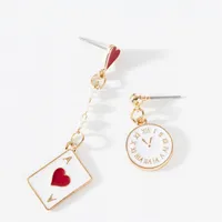 

Asymmetrical Red Poker Card Long Earrings Gold Peach Alice Dream Clock Dangle Earrings for Women