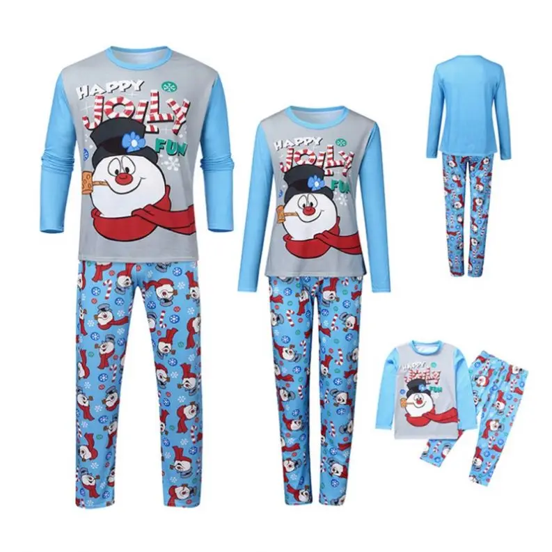 

2021 Matching pajamas familyLong-Sleeved Trousers Cotton Christmas Pajamas Sets Snowman Print T-Shirt Pants Family Matching, Blue
