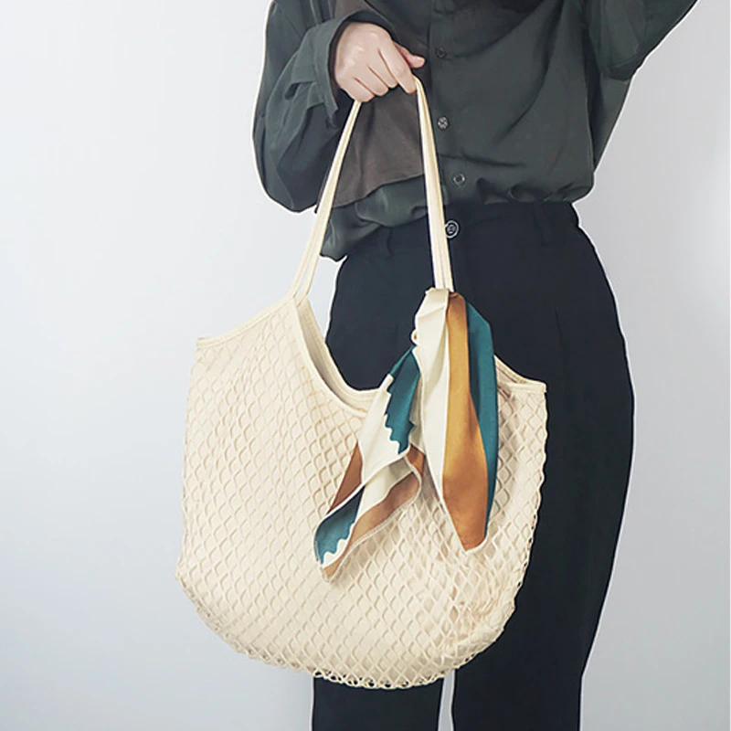 

New Arrival wholesale fashion Mesh beach tote bag larger capacity ladies Canvas shopping bag, Black/brown