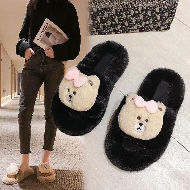 

Wholesale Ladies Fluffy Solid Lovely Soft Bear Pattern Sandals Indoor Outdoor Home Flat Bedroom Slippers, Picture