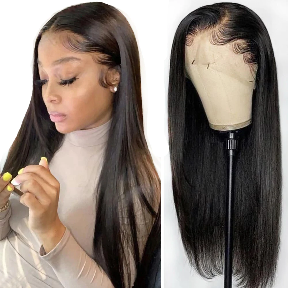 

Silky black Straight lace front Hair Wigs Pre Plucked Brazilian Hair 13x4 Lace frontal Human Hair Wigs For Women