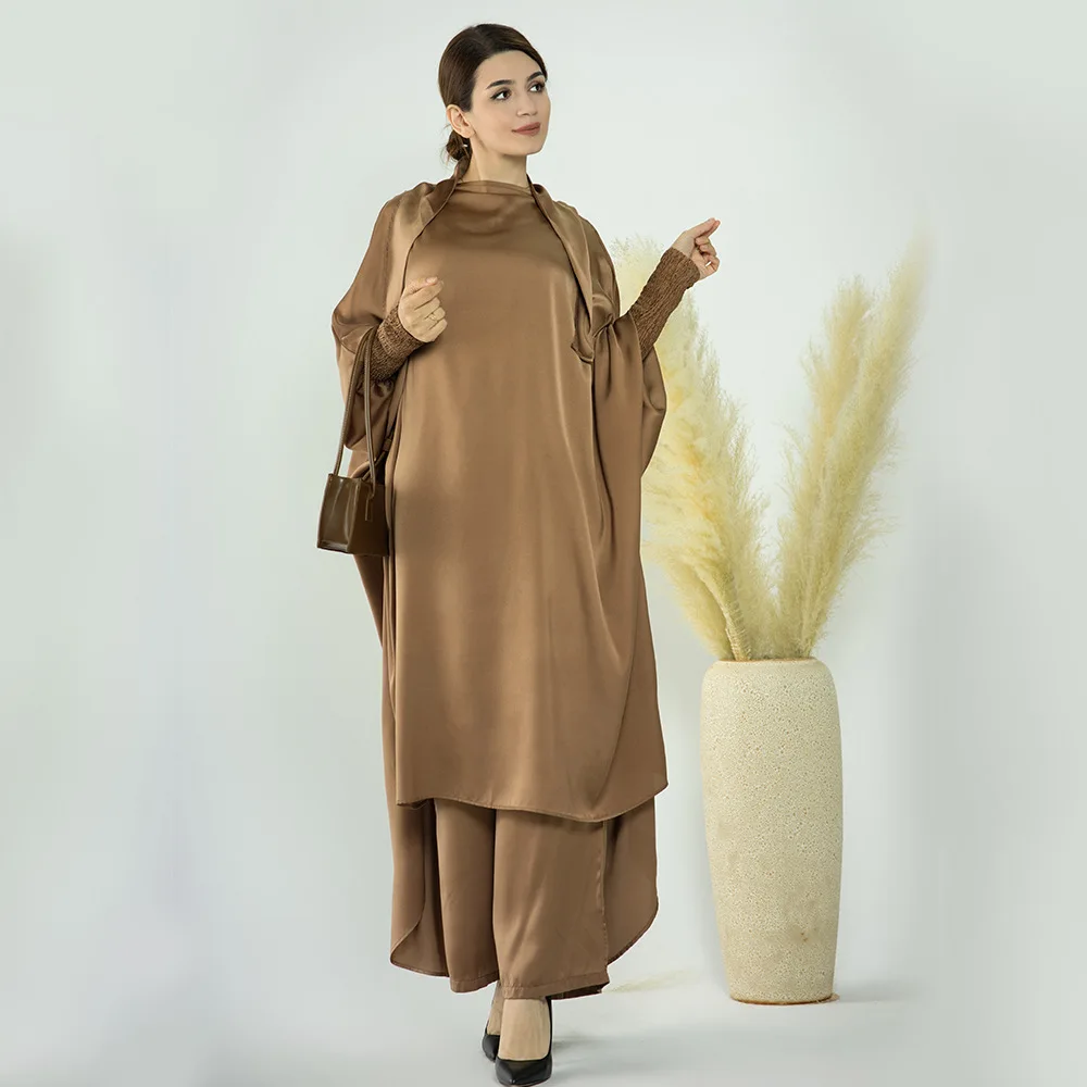 

Traditional Muslim Clothing Ramanda Pray Dress Satin Women Two piece Pray Abaya Dubai Women Dress