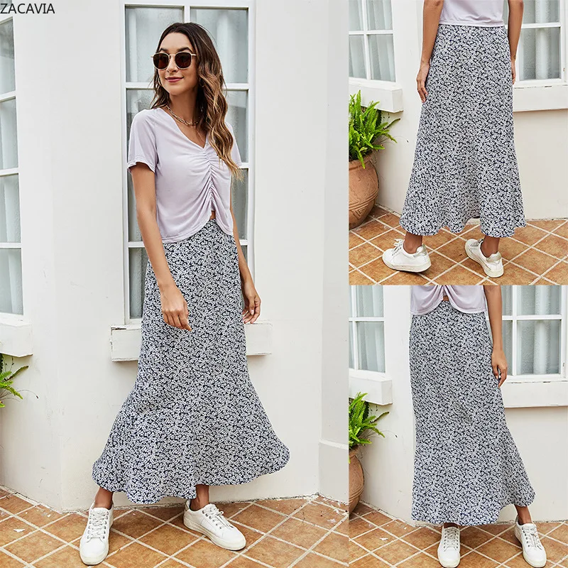 

ZACAVIA 2021 Summer Women Sweet Loose A-line Skirt Fashion High-waist Floral Skirt Mid-length Skirts, Photo color