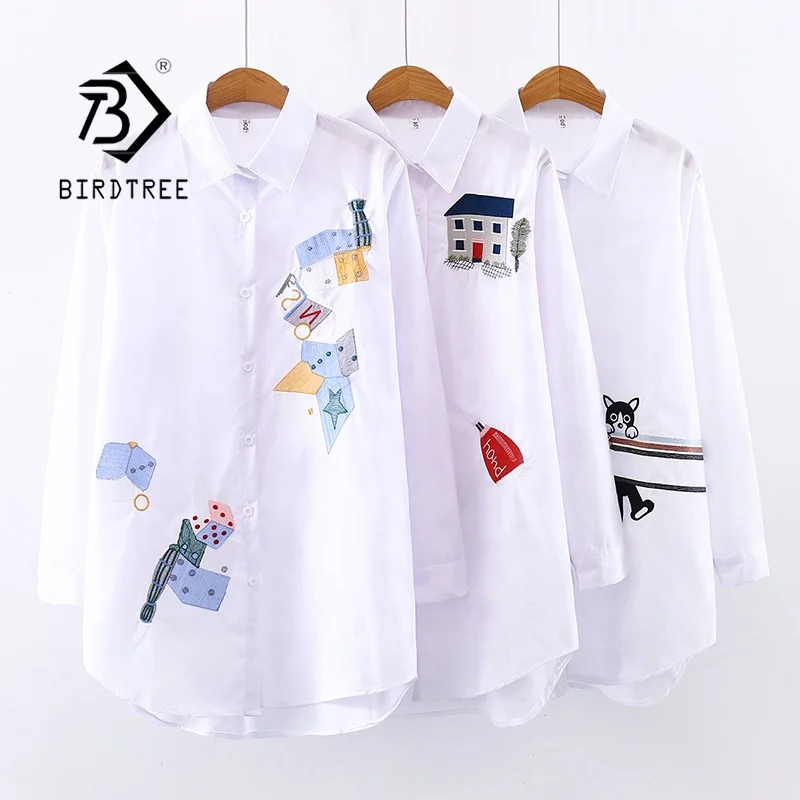 

2020 Fall Women White Embroidery Long Sleeve Blouses Turn-down Collar Shirts Single-breasted Loose Long Tops T09603R, 3 colour