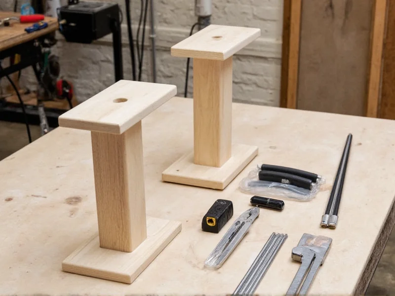 DIY speaker stand materials laid out on workbench
