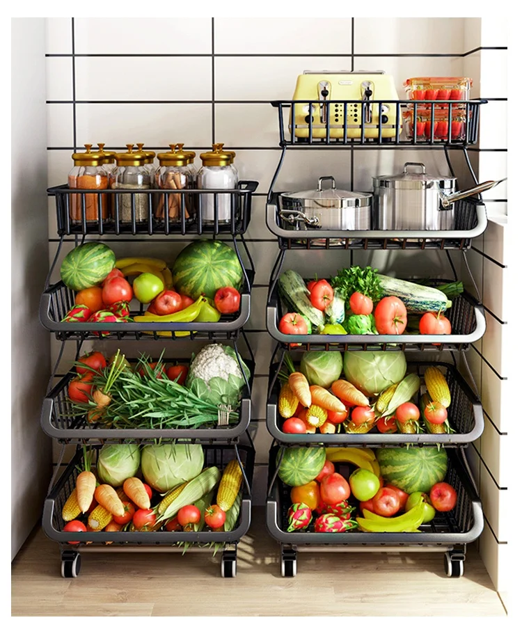 

2021 popular multi-layer metal with tray kitchen storage and organizing vegetable blue, Black white