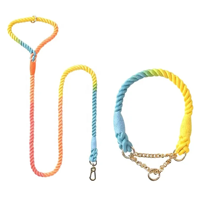 

2021 wholesale new custom dog leash gradient color rainbow hand-dyed woven cotton rope dog soft leash, Picture shows or custom color