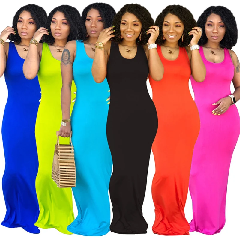 

Wholesale Bulk 2021 Sun dress Solid Color Women Summer Spring Sleeveless Long Maxi Dress for Lady, 6 color