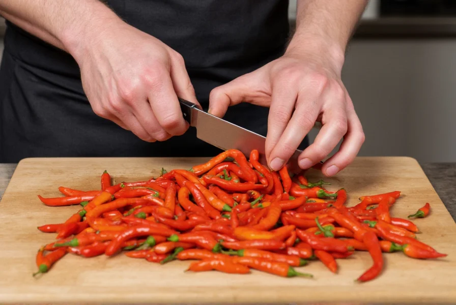 Chef preparing fresh chili peppers with knife on cutting board, showing proper handling techniques
