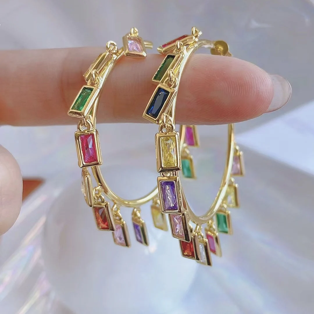 

LS-L974 Exclusive 18K gold diamond hoop earrings cz pave colorful charms bohemian earrings for Vintage girls women, Picture shows