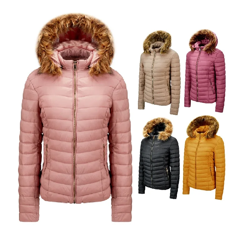 

JACKETOWN Custom Printing Plus size winter women padded jacket  down cotton filled heated coat with fur trim hood, As shown