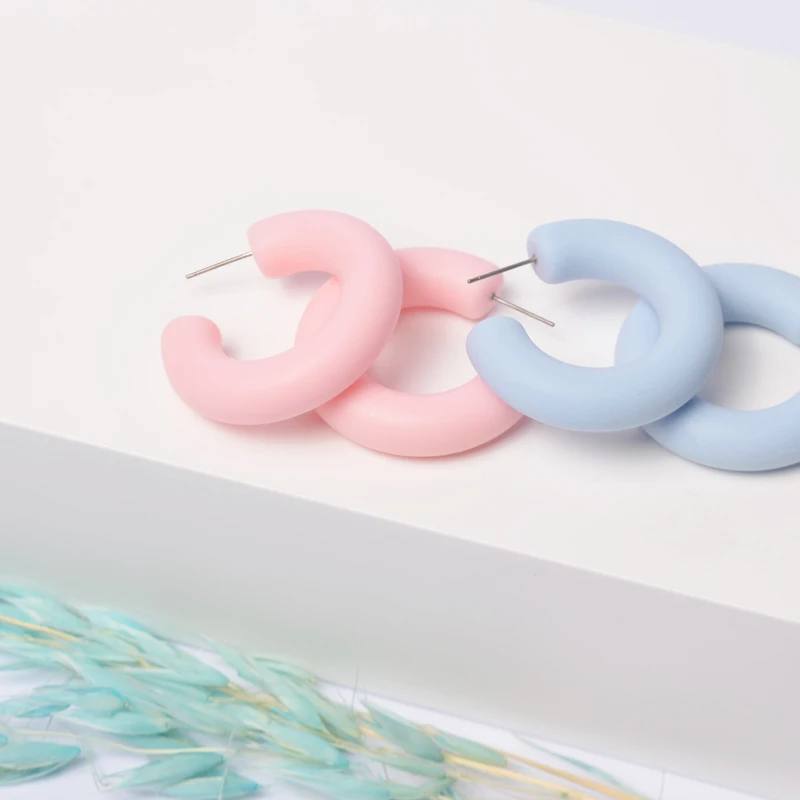 

Large size 5cm Thick Earring Hoop Girl's new Colorful Pastel Pink Blue Hoop Resin