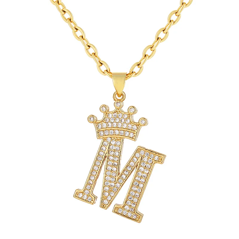 

Stainless Steel Chain Iced Out CZ Crown 26 Initial Alphabet Necklace Real Gold Plated Crystal Rhinestone Letter Crown Necklace, Sivler,gold