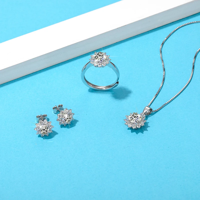 

Hot selling on ins sparkle silver jewelry set factory wholesale price moissanite diamond ring earrings necklace bracelet, White