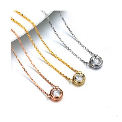 

Korean Style Stainless Steel Rose Gold Plated Zircon Necklace 6mm Round Cubic Zirconia Pendant Necklace