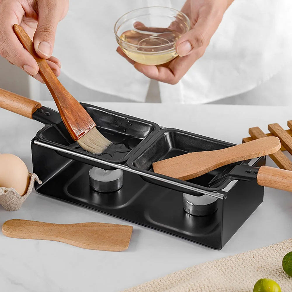 

Wooden Handle BBQ Raclette Set Dual Candlelight Table Melter Non Stick Rotaster Baking Tray Spatula Butter Cheese Oven Pan, Black