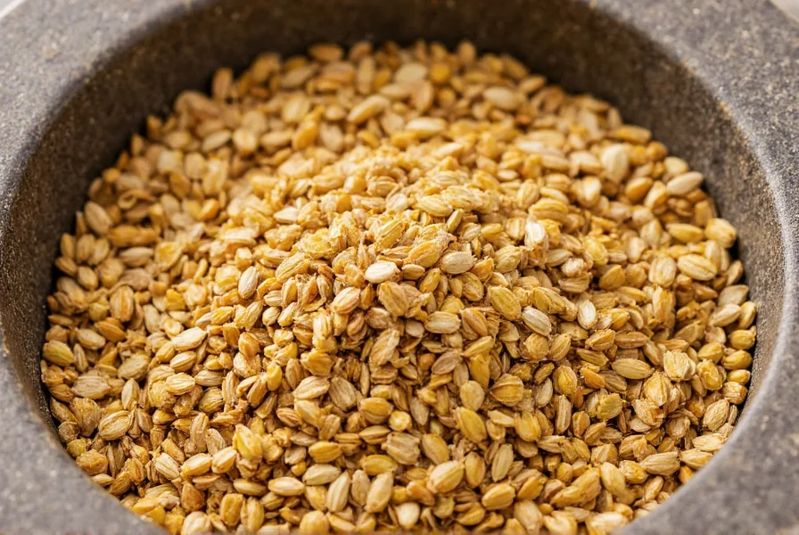 Close-up of golden-brown ground coriander seed in mortar with whole seeds