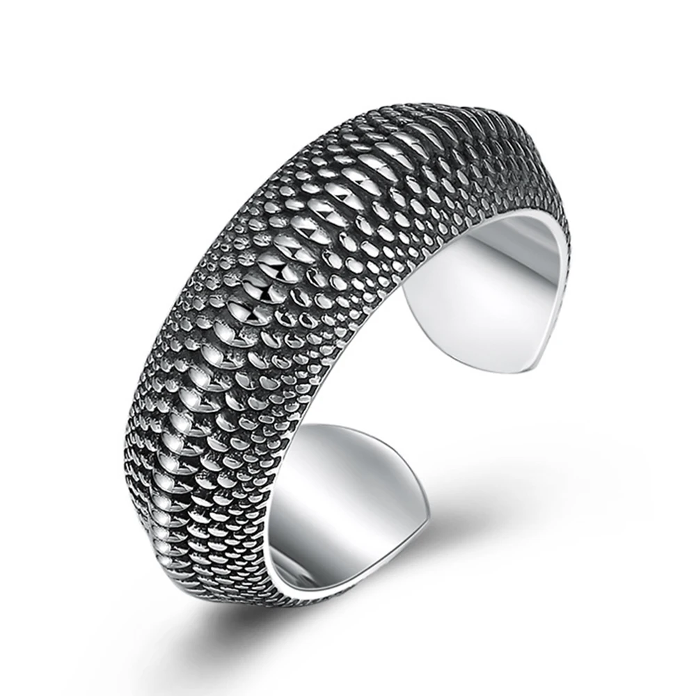 

925 Sterling Silver Dragon Scale Ring for Men Retro Open Index Finger Ring Trend Simple Punk Style Male Jewelry