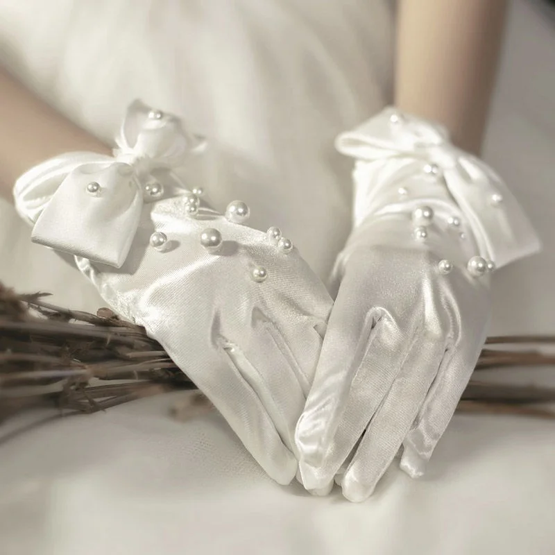 

Wedding Short Silk Satin Made Bridal Gloves With Pearls Bow On