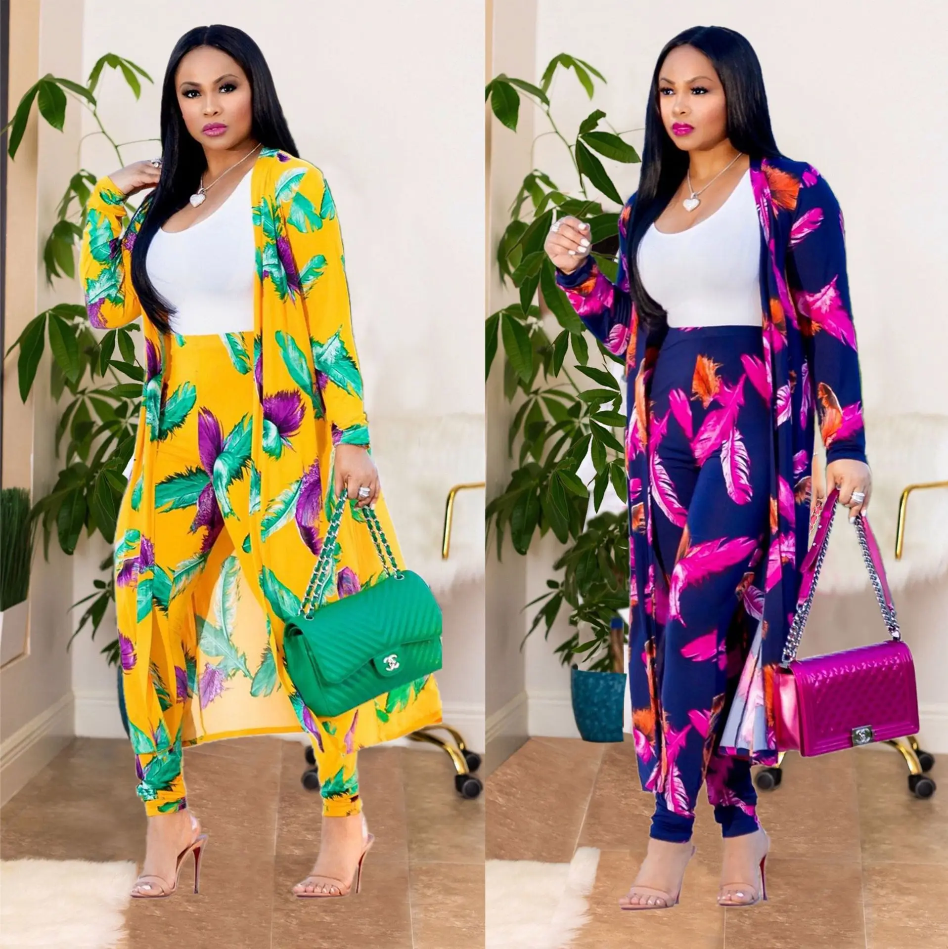 

2021 Dresses Women Fall Clothing Lady Elegant Printed Long Coat Leggings Plus Size Two Piece Set Boutique