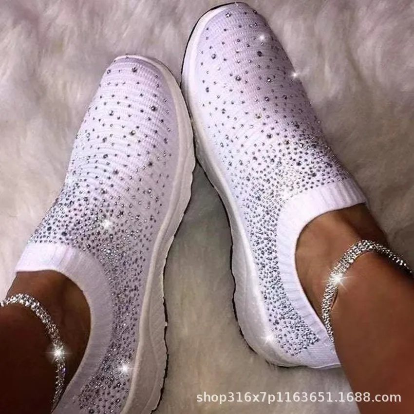 

Large Size Rhinestone Woven Sneakers New Mesh Shoes Women's Low Heel Mesh Sports Footwear Spot