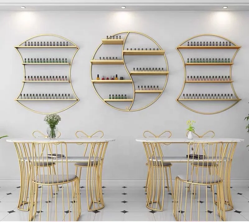 

Nail Salon Store Round Shape Oval Shape Wall Shelf Gold White Black Nail Polish Wall Rack Display