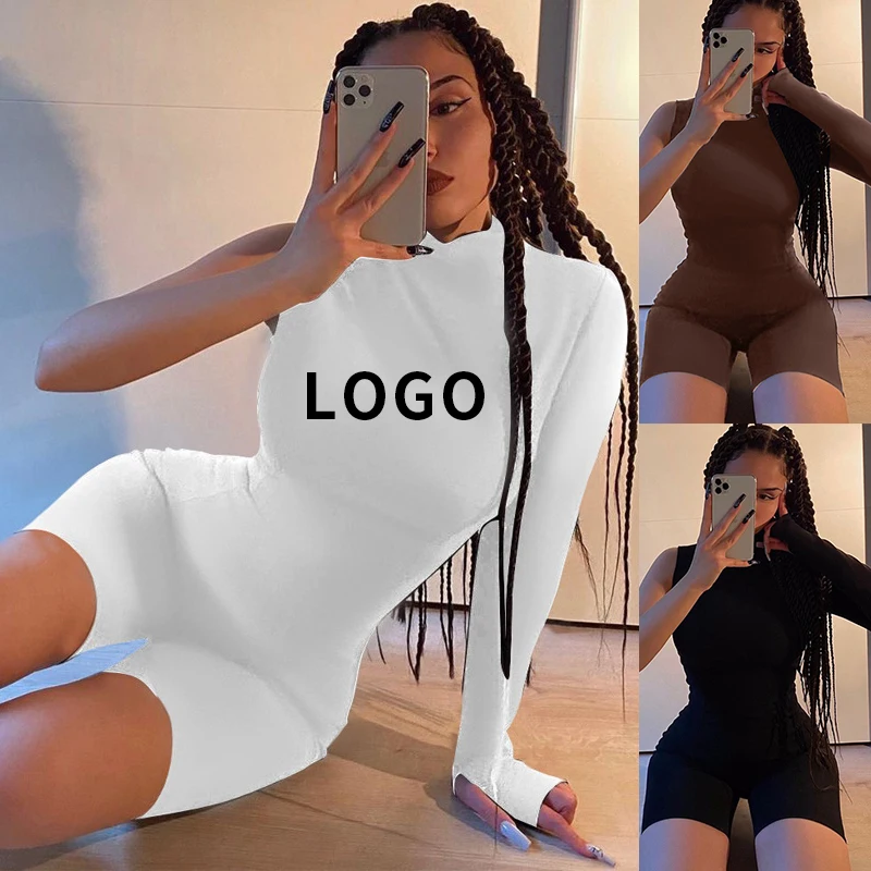 

Fashion 2021 summer one sleeve with finger cover brown sexy one piece short romper women 2021 jumpsuit