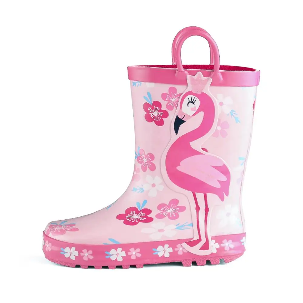 

RUNSIDE Easy-on Handle Rubber Flamingo Pattern Cheap Custom Safety Children Kids Gumboots, Oem approved