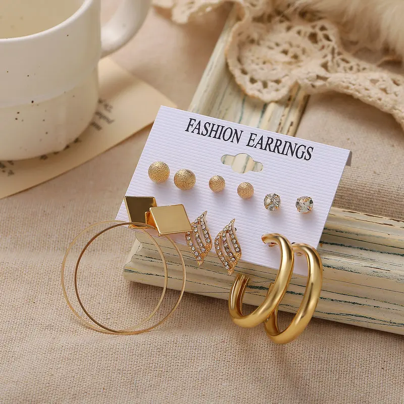 

51649 Gold Plated Round Beads Stud Earrings Crystal Post Earrings Metal Big Round Hoop Earrings Set