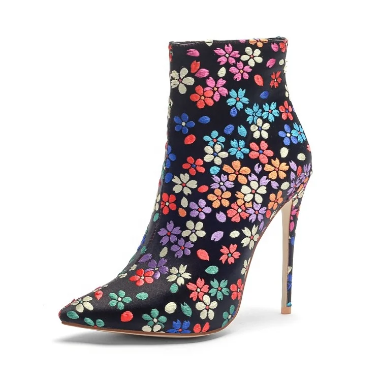 

Newest Thin High Heel Women Ankle Boots Pointed Toe Floral Print Winter Booties Large size Stiletto Lady Dress Short Boots, Black