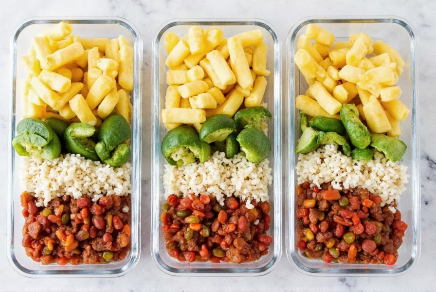 Meal prep containers with portioned breakfast chili and fresh toppings arranged for weekday mornings