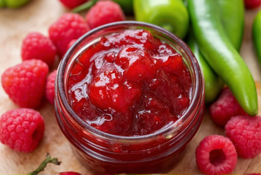 Close-up of raspberry hot pepper jelly in a jar with fresh raspberries and jalapeño peppers beside it