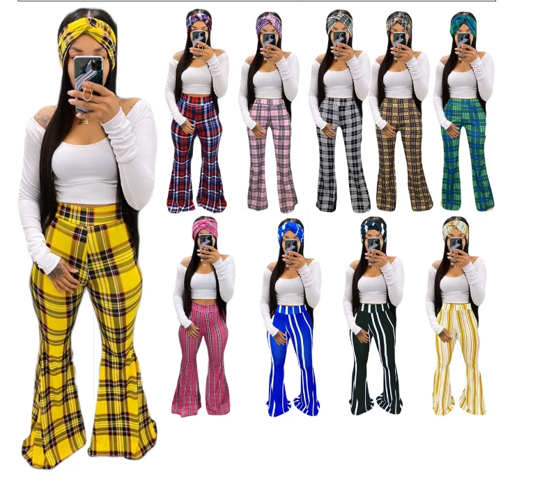 

Foma YY5161 New arrival classic plaid printed trousers casual women flared fashion pants, As pictures