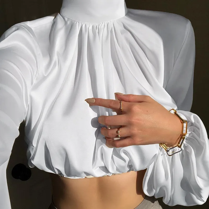 Women's Sexy High-Neck Satin Lantern Sleeve Shirts Exposed Navel Women Clothing Tops Shirt One Shoulder Top