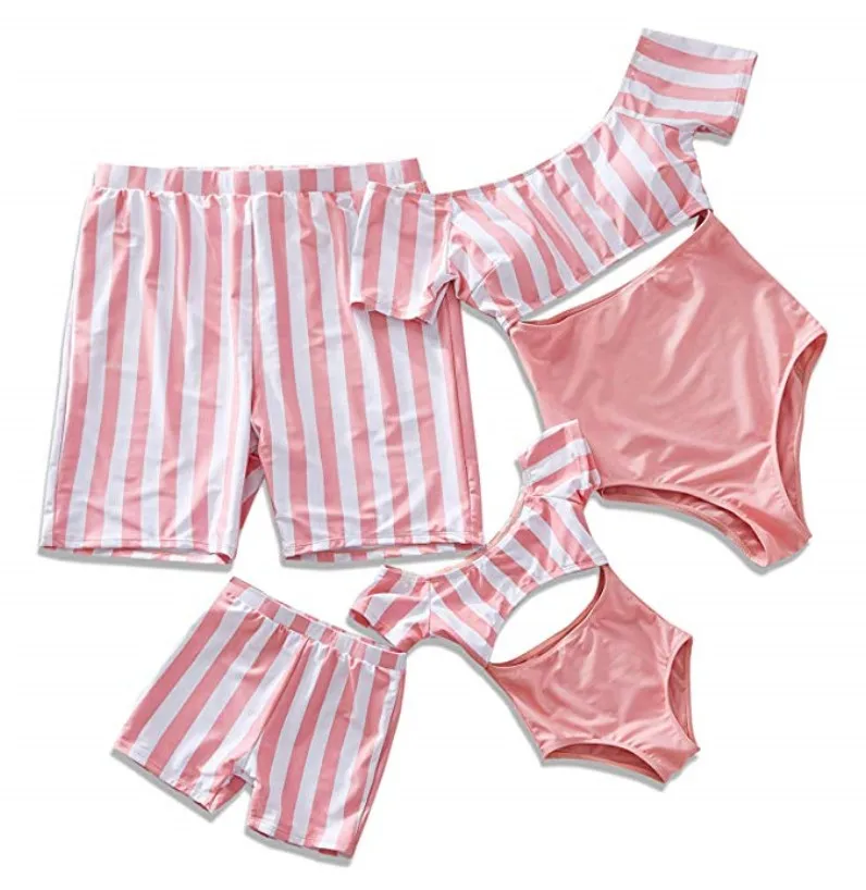 

Family Matching Swimsuits One Pieces Bikini Set 2020 Newest Pink Printed Ruffles Mommy and Me Bathing Suits