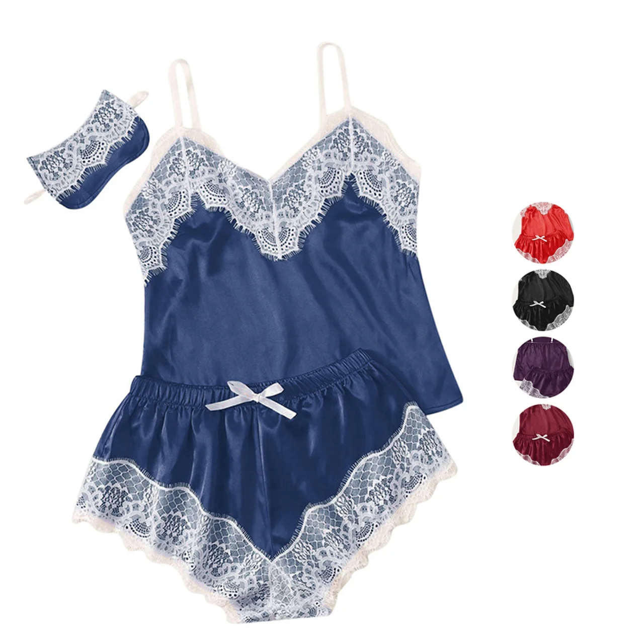 

Hot Sale 2 pcs Sets Lace Silk Short Sleepwear Satin Pajamas For Women, Photo color