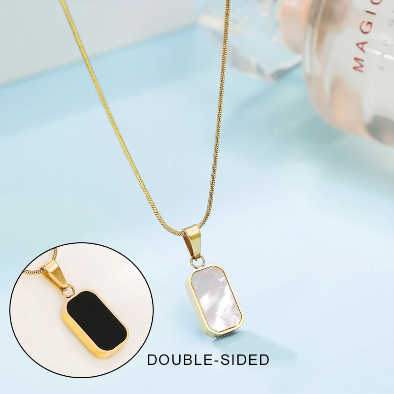 

New Snake Bone Chain With Black White Double-Sided Square Natural Shell Pendant 316L Stainless Steel plated 18K Gold Necklace