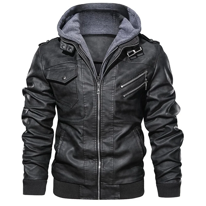 

Wholesale Custom Men Faux Leather Coats Bomber Jackets With Removeable Hood Jaquetas Masculinas
