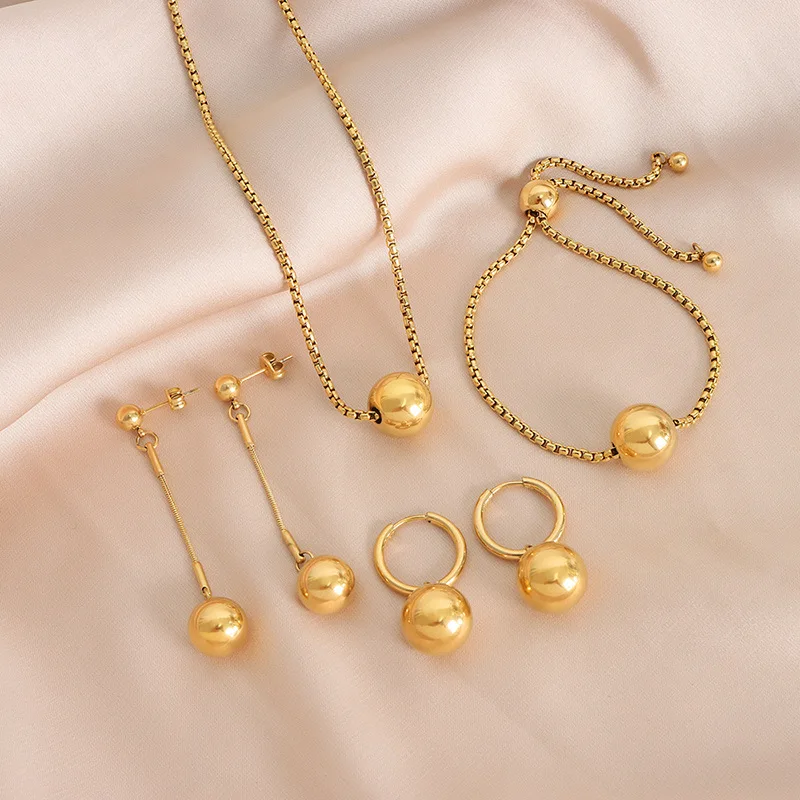 

Hot Selling Gold Bead Necklace Earring Bracelet Gold Chain Gold-plated Titanium Steel Jewelry Set