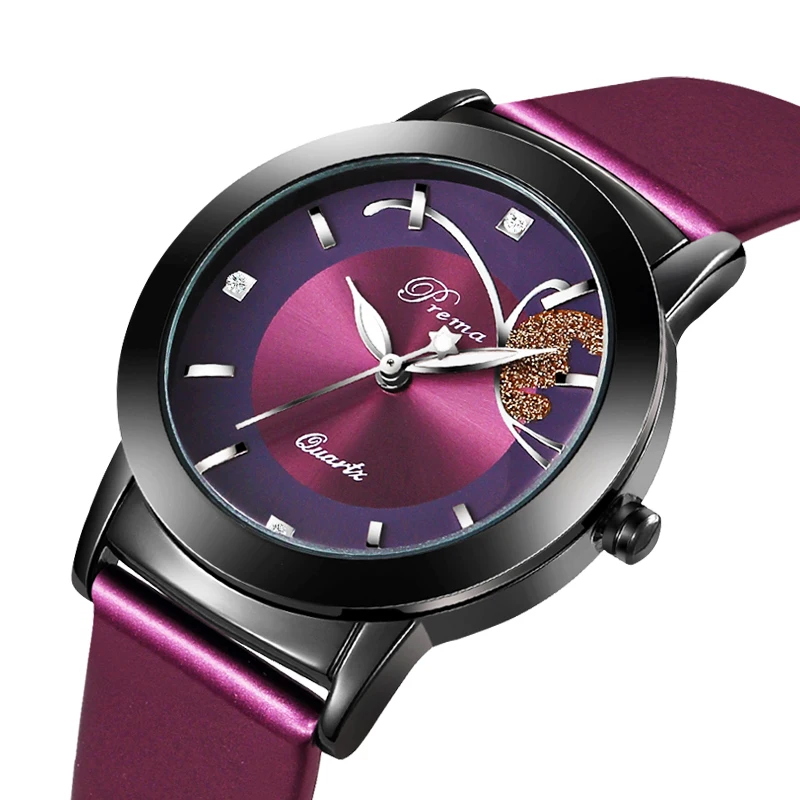 

Factory Wholesale Women Quartz Watches Shining Bracelet Purple Leather Strap Watches Fashion Butterfly Dial Design Clock, Black purple red
