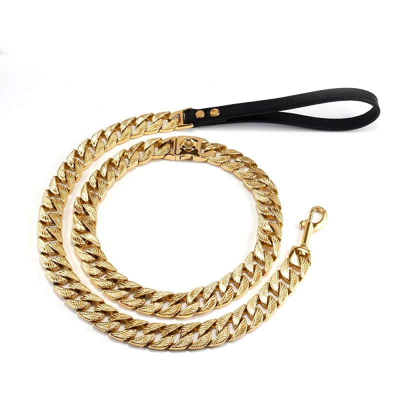 

Gold Chain pet star Dog Collar hardware Heavy Duty Stainless Steel pet Cuban Link 25mm width 83cm length dog collar and leash