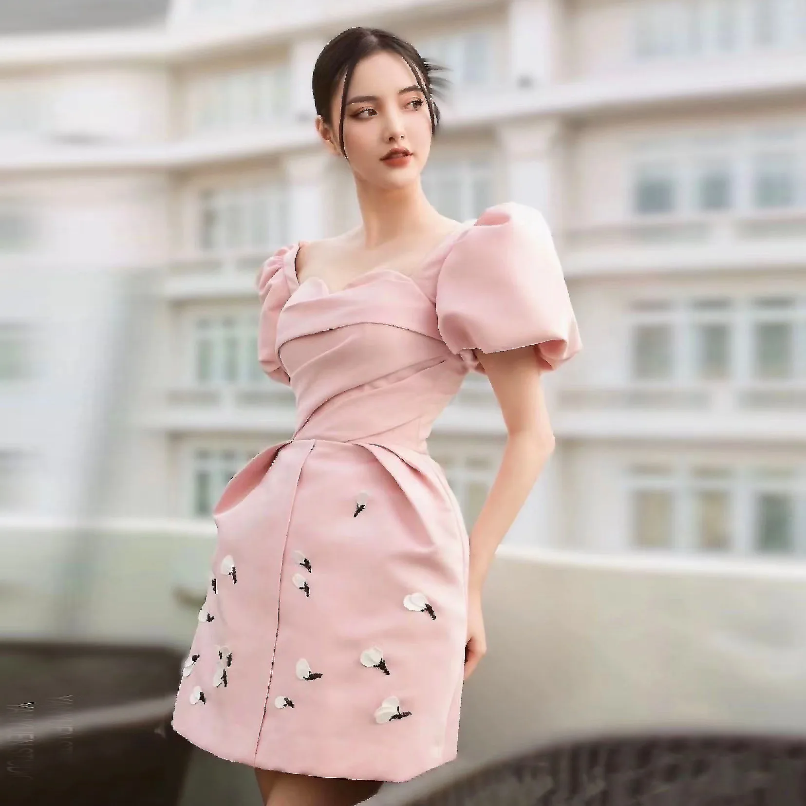 

Summer Fashion High-End Small Dress Women'S Pink Puff Sleeve A-Line Dress