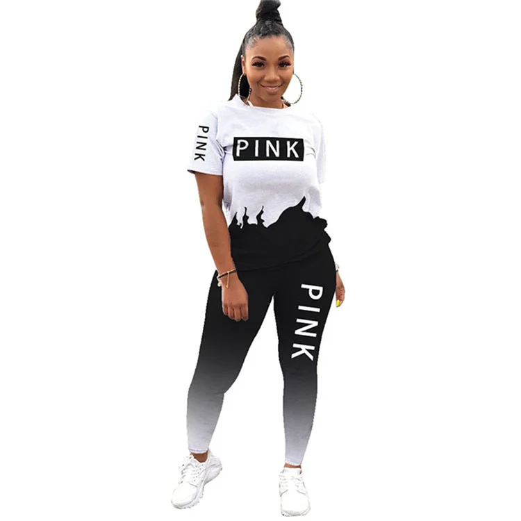 

2021 Wholesale new summer ladies polyester sports fashion plus size jogger casual printing crew neck two piece set tracksuit